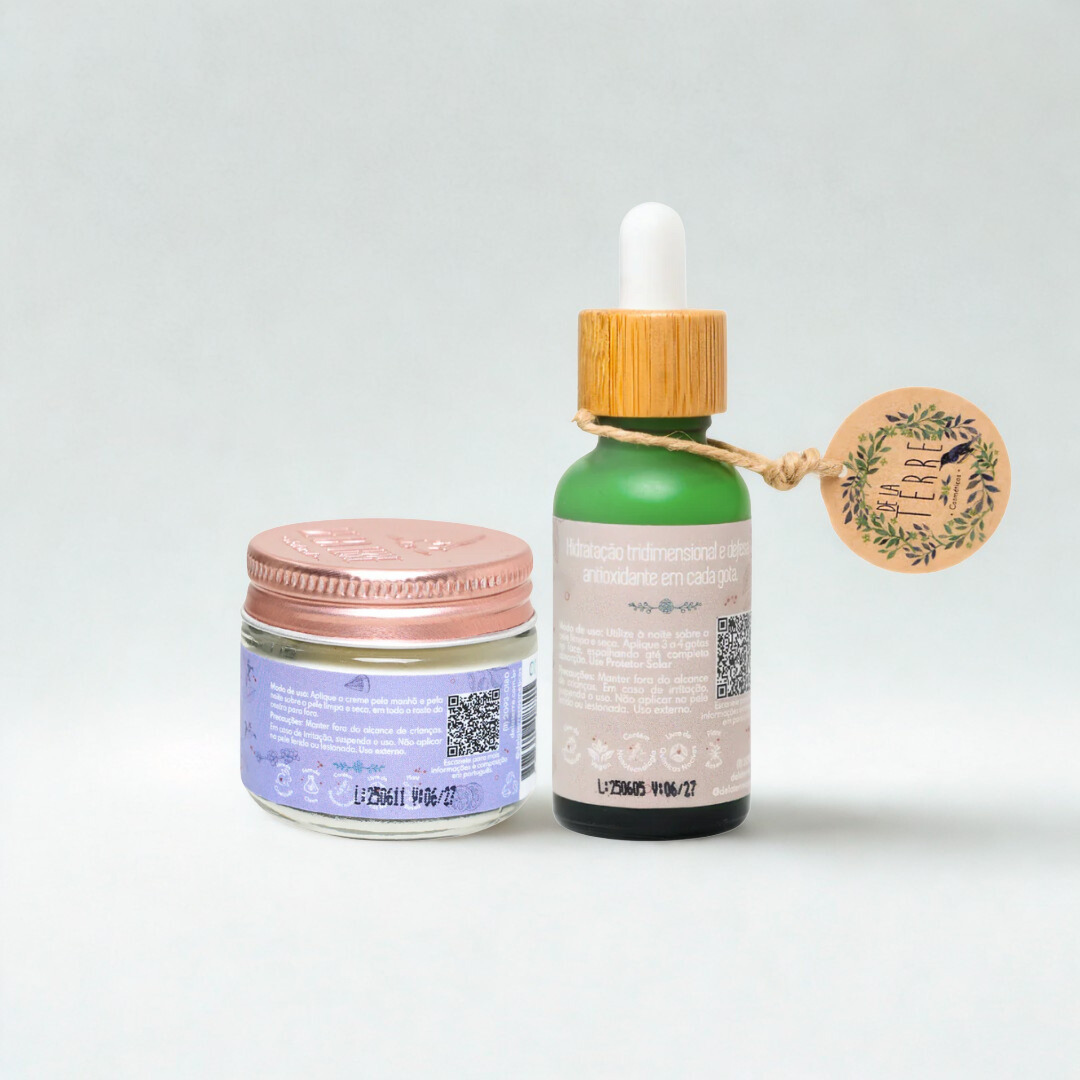 Duo Iluminador & Firmeza – Creme Nano Pró-Aging + Sérum Iluminador De La Terre Cosmeticos