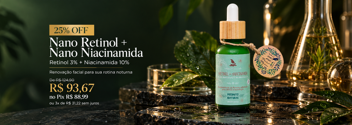 Sérum Nano Retinol e Nano Niacinamida De La Terre em banner mobile de laboratório florestal